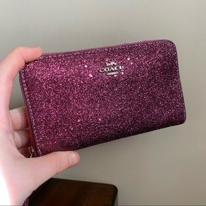 Purple sequinned coach wristlet wallet